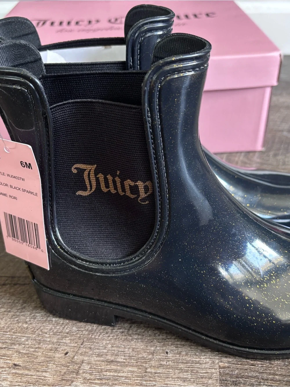 New!! Juicy Couture Rory Black Glossy Chelsea Sparkle Rain Boots- 6